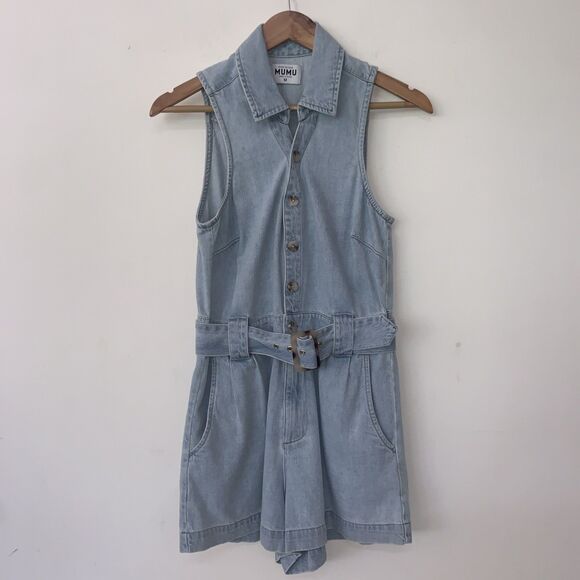 Show Me Your MuMu Pants - SHOW ME YOUR MUMU Rancho Mirage Shorts Romper Belted Blue Medium Rodeo Classic